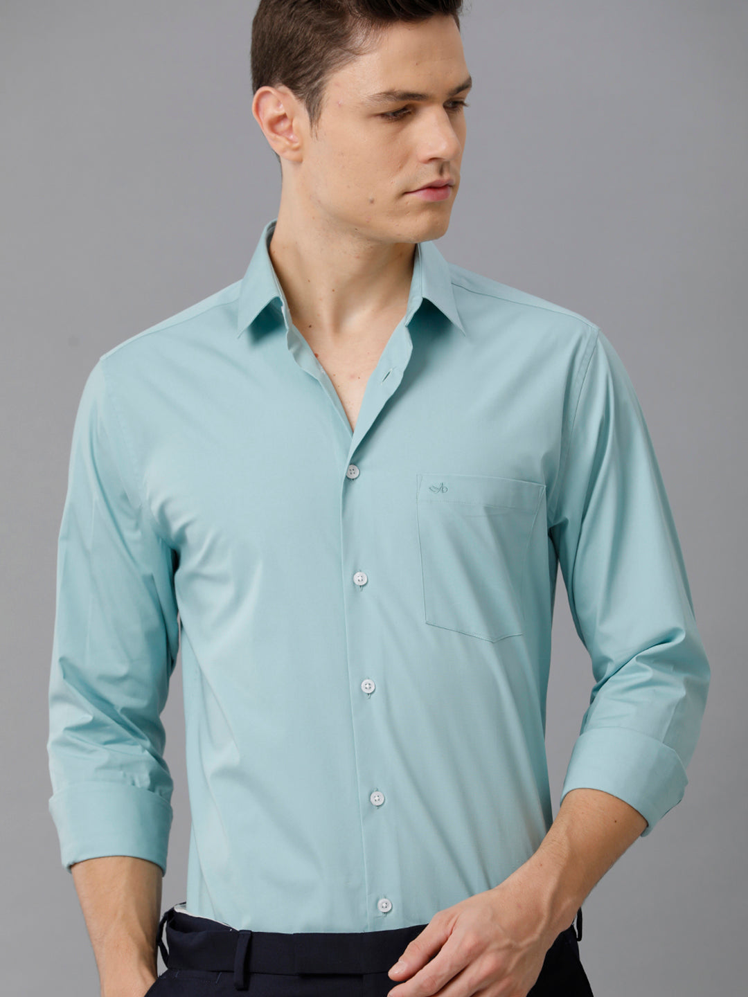 Aldeno Mens Slim Fit Solid Teal Formal Cotton Stretch Shirt (CASON)