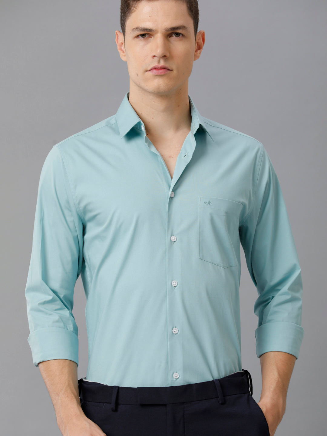 Aldeno Mens Slim Fit Solid Teal Formal Cotton Stretch Shirt (CASON)