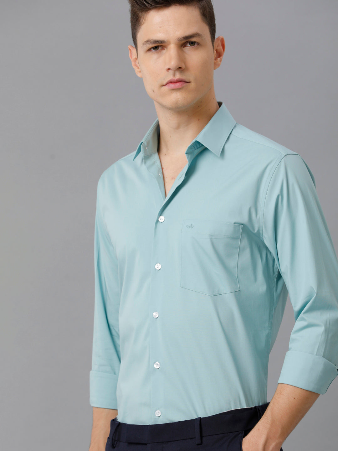 Aldeno Mens Slim Fit Solid Teal Formal Cotton Stretch Shirt (CASON)