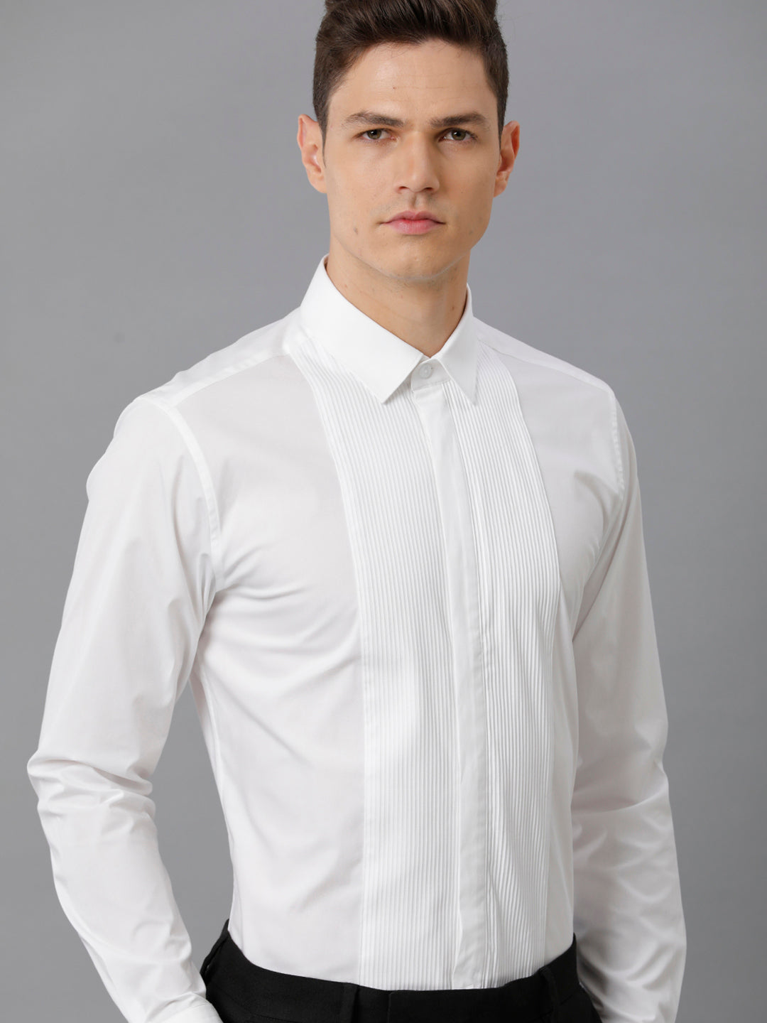 Aldeno Mens Slim Fit White Formal Cotton Stretch Bib Shirt (CORE)
