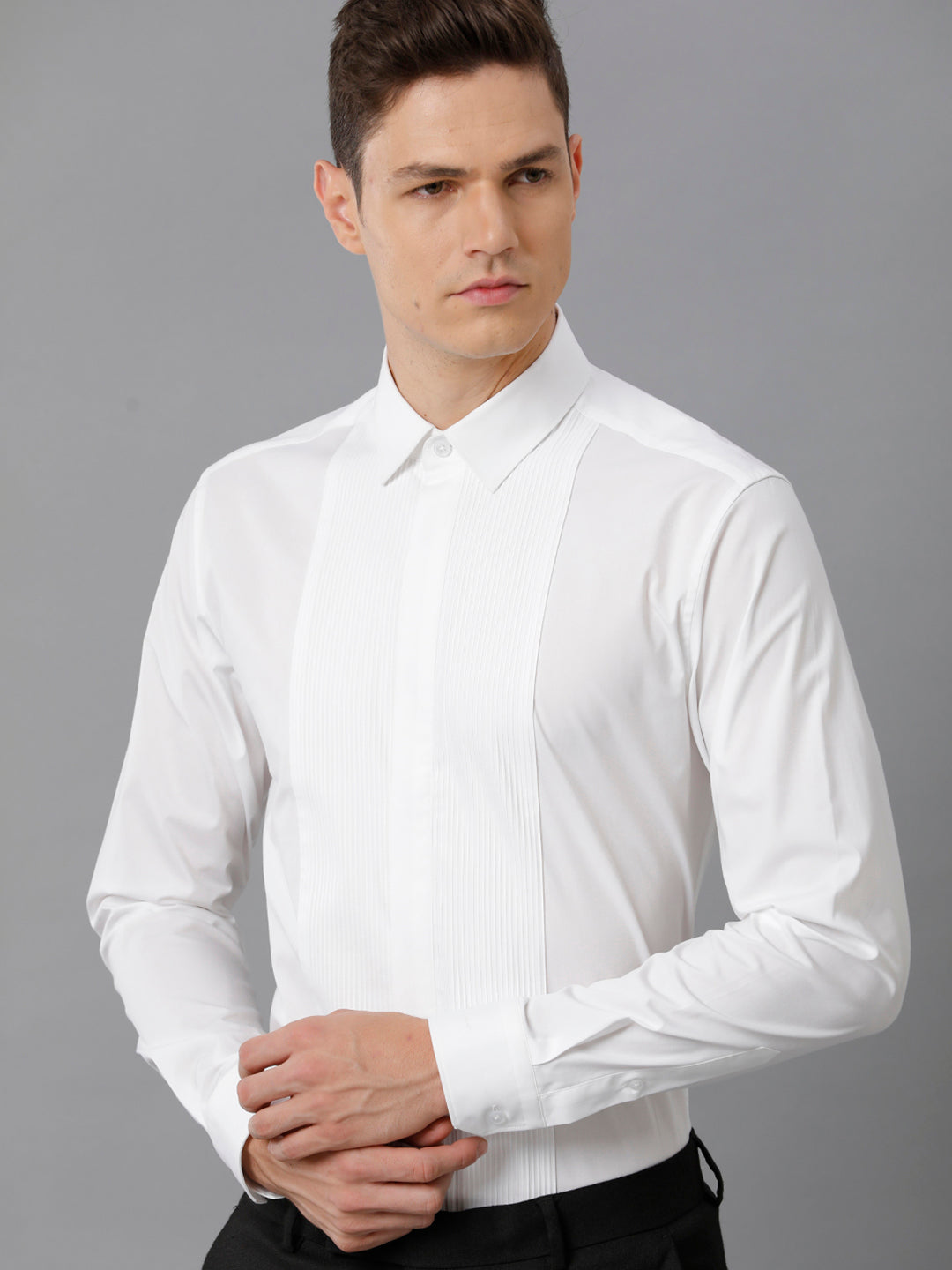 Aldeno Mens Slim Fit White Formal Cotton Stretch Bib Shirt (CORE)