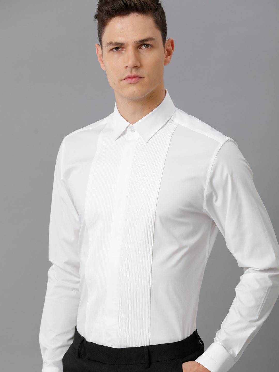 Aldeno Mens Slim Fit White Formal Cotton Stretch Bib Shirt (CORE)