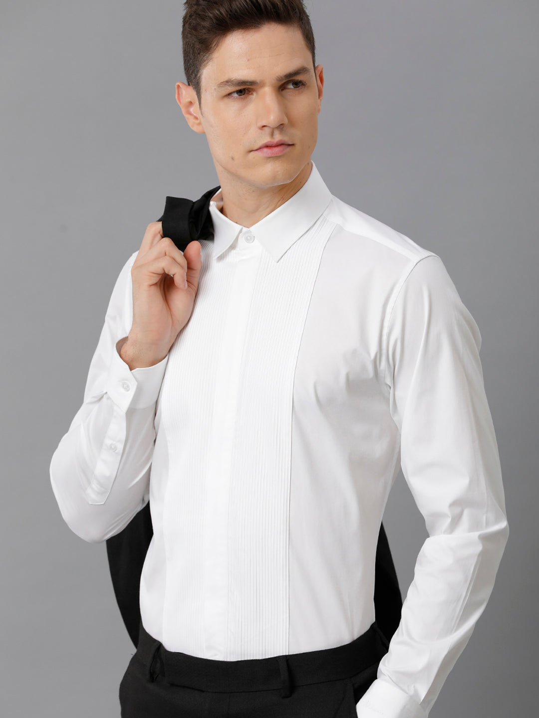 Aldeno Mens Slim Fit White Formal Cotton Stretch Bib Shirt (CORE)