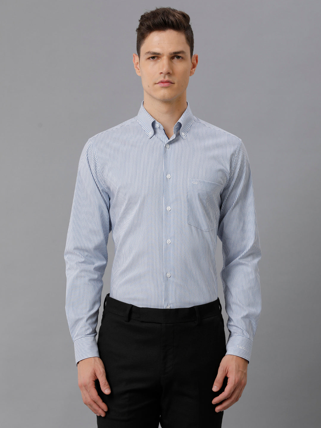 Aldeno Mens Slim Fit Stripe Blue/White Casual Cotton Blend Stretch Shirt (TURI)