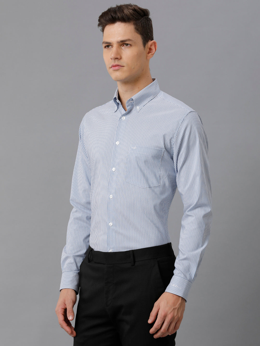 Aldeno Mens Slim Fit Stripe Blue/White Casual Cotton Blend Stretch Shirt (TURI)