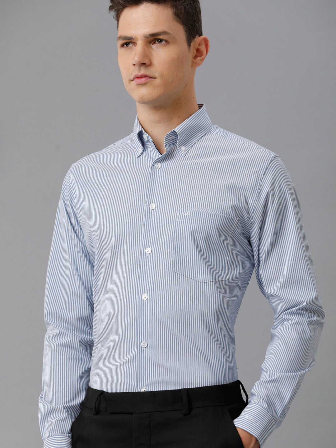Aldeno Mens Slim Fit Stripe Blue/White Casual Cotton Blend Stretch Shirt (TURI)