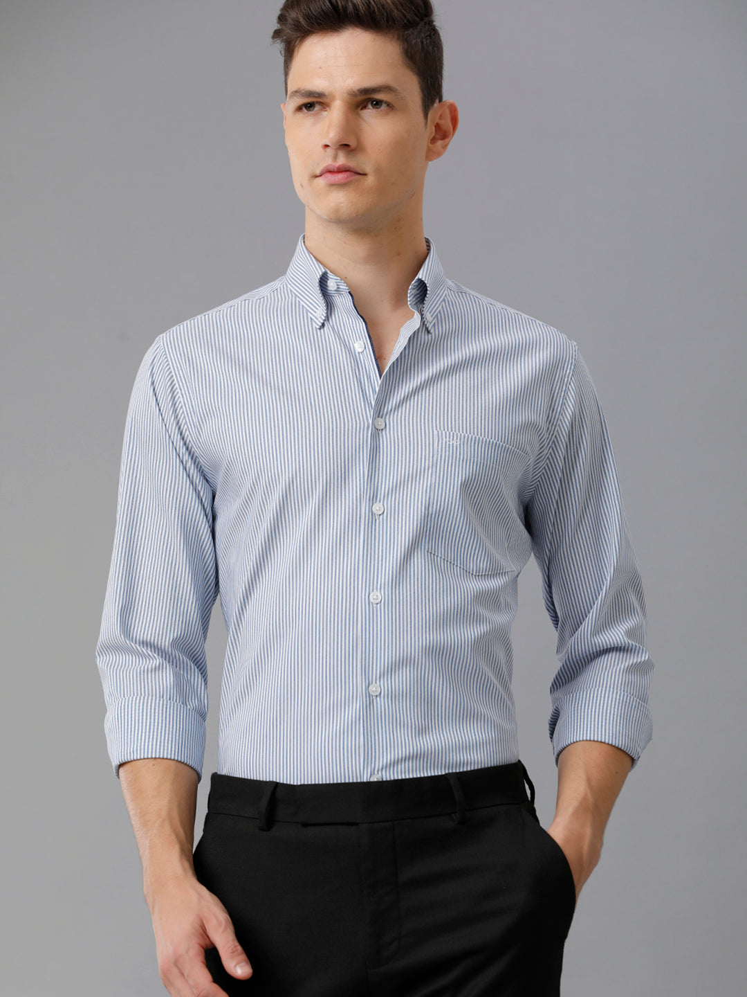 Aldeno Mens Slim Fit Stripe Blue/White Casual Cotton Blend Stretch Shirt (TURI)
