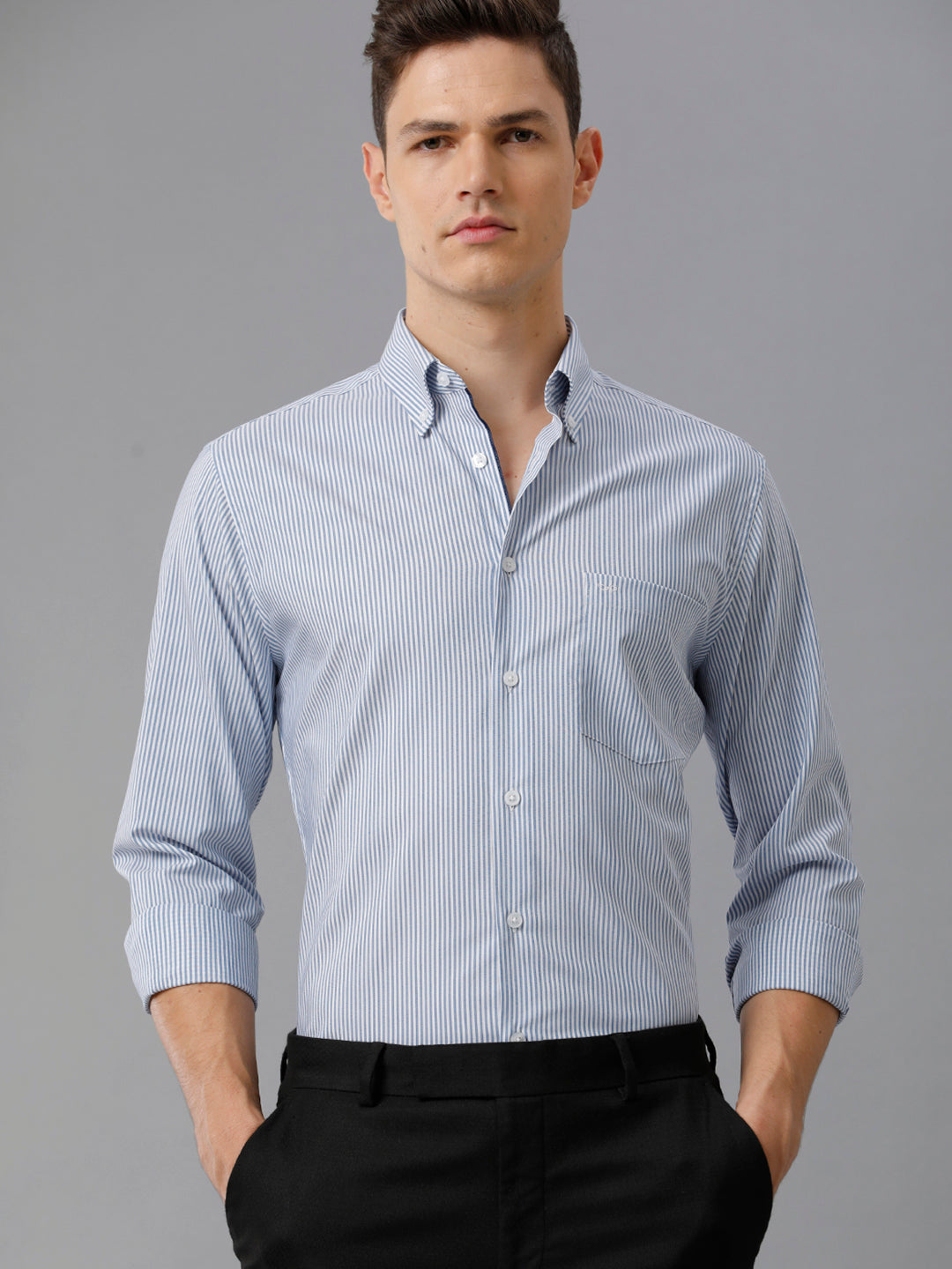 Aldeno Mens Slim Fit Stripe Blue/White Casual Cotton Blend Stretch Shirt (TURI)