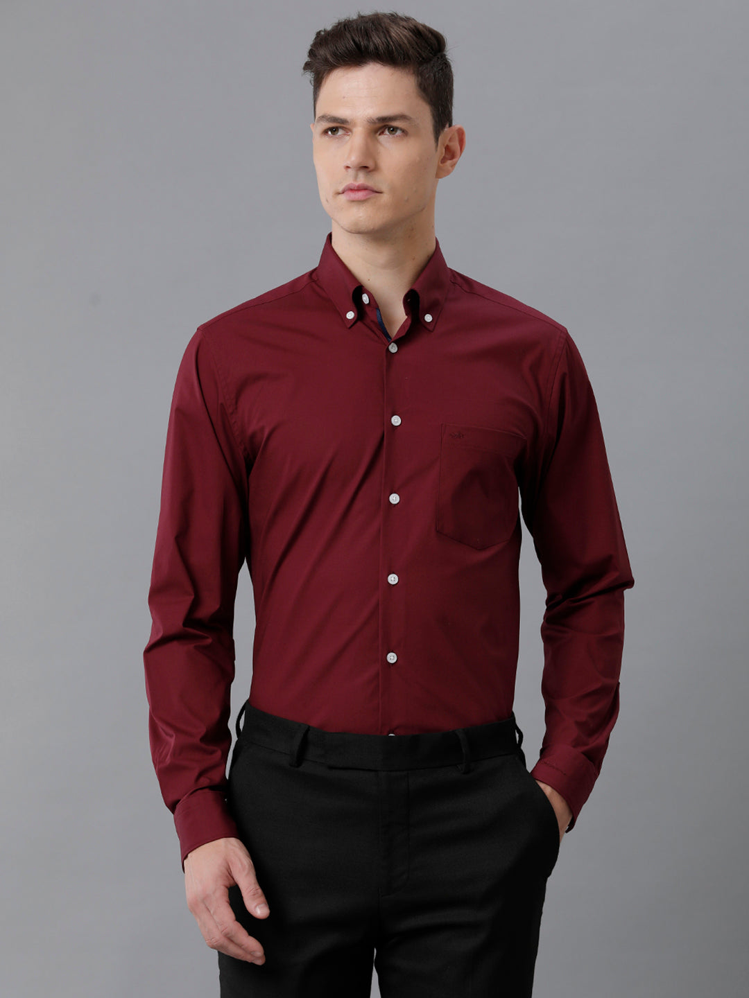 Aldeno Mens Slim Fit Wine Red Solid Formal Cotton Stretch Shirt (MONMUR)