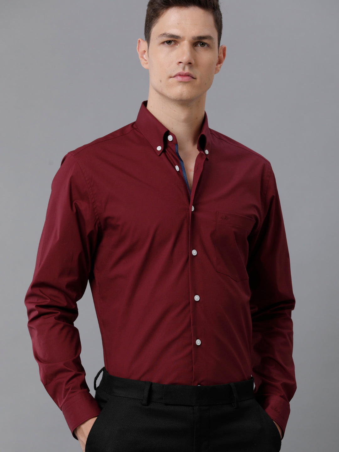 Aldeno Mens Slim Fit Wine Red Solid Formal Cotton Stretch Shirt (MONMUR)