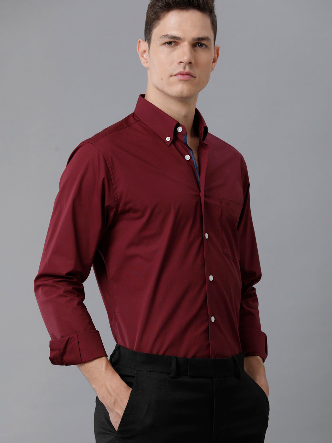 Aldeno Mens Slim Fit Wine Red Solid Formal Cotton Stretch Shirt (MONMUR)