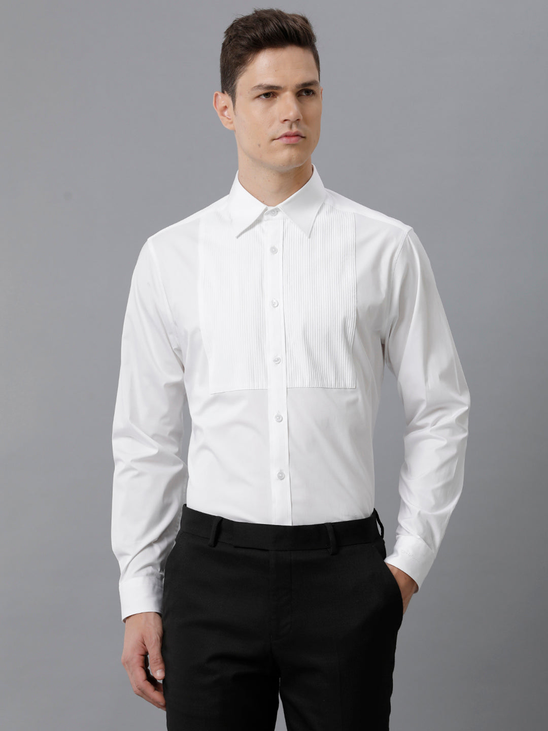 Aldeno Mens Regular Fit White Formal Cotton Stretch Bib Shirt (CASP)