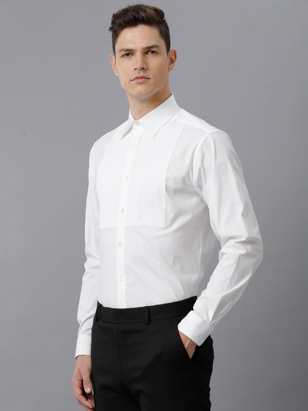 Aldeno Mens Regular Fit White Formal Cotton Stretch Bib Shirt (CASP)