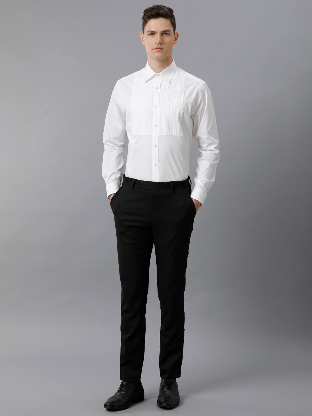 Aldeno Mens Regular Fit White Formal Cotton Stretch Bib Shirt (CASP)