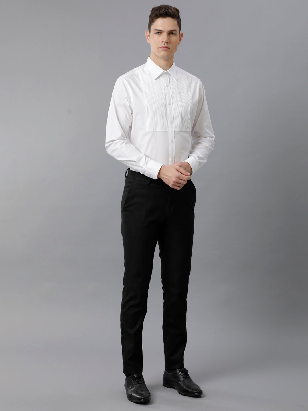 Aldeno Mens Regular Fit White Formal Cotton Stretch Bib Shirt (CASP)
