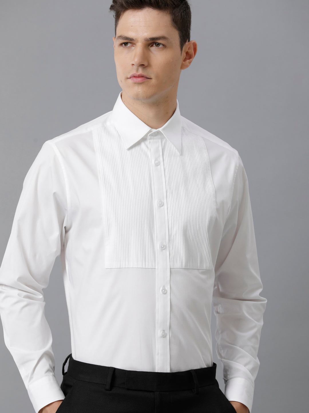 Aldeno Mens Regular Fit White Formal Cotton Stretch Bib Shirt (CASP)