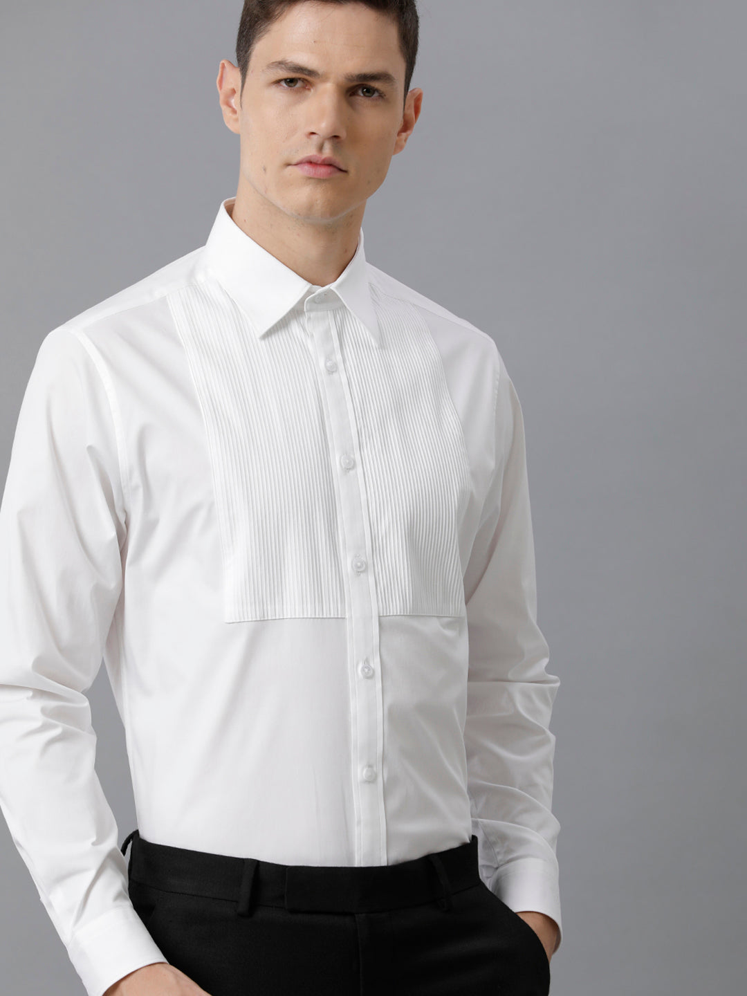 Aldeno Mens Regular Fit White Formal Cotton Stretch Bib Shirt (CASP)