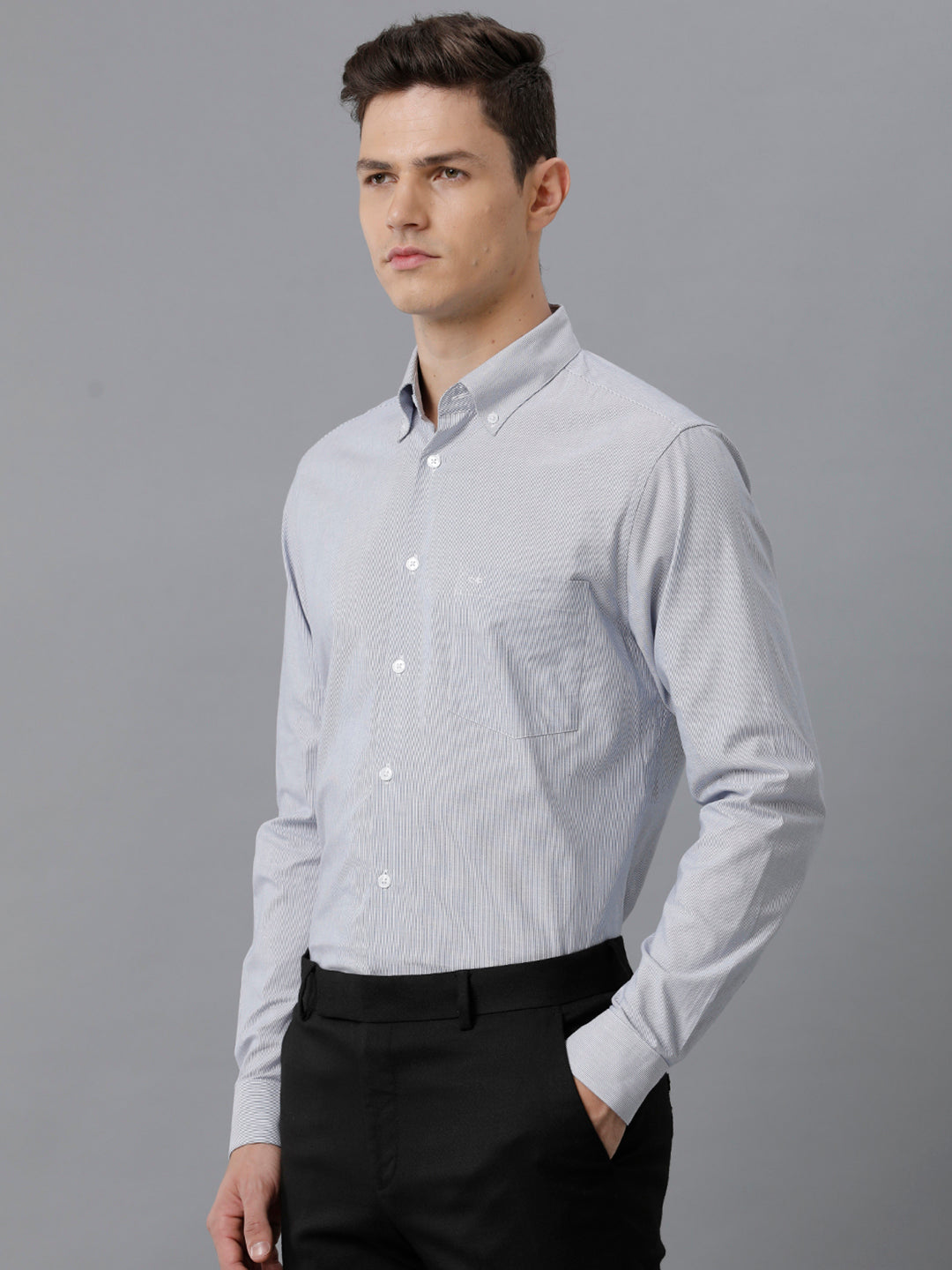 Aldeno Mens Slim Fit Vertical Stripes Blue Formal Cotton Shirt (CATIN)