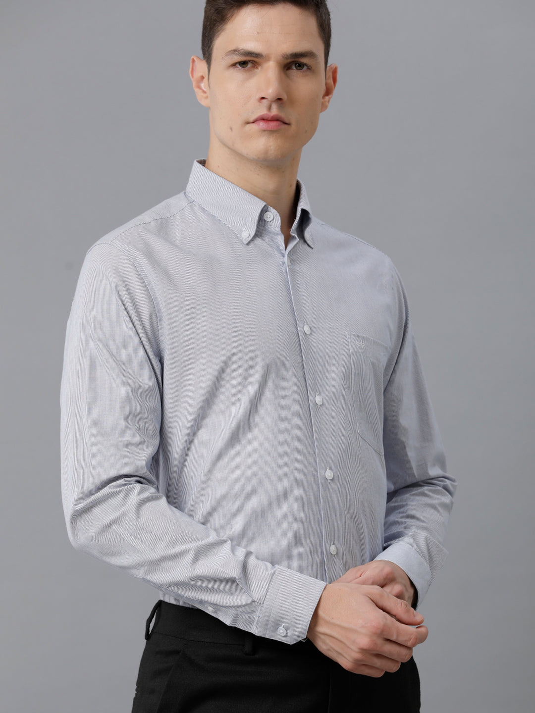 Aldeno Mens Slim Fit Vertical Stripes Blue Formal Cotton Shirt (CATIN)