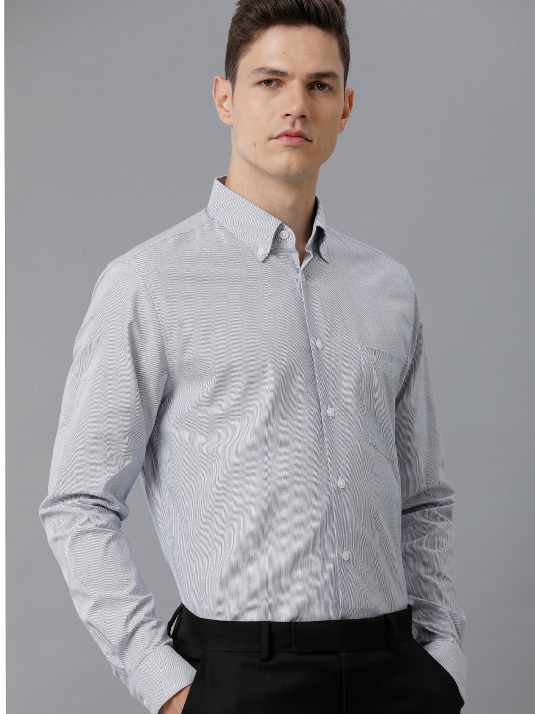 Aldeno Mens Slim Fit Vertical Stripes Blue Formal Cotton Shirt (CATIN)