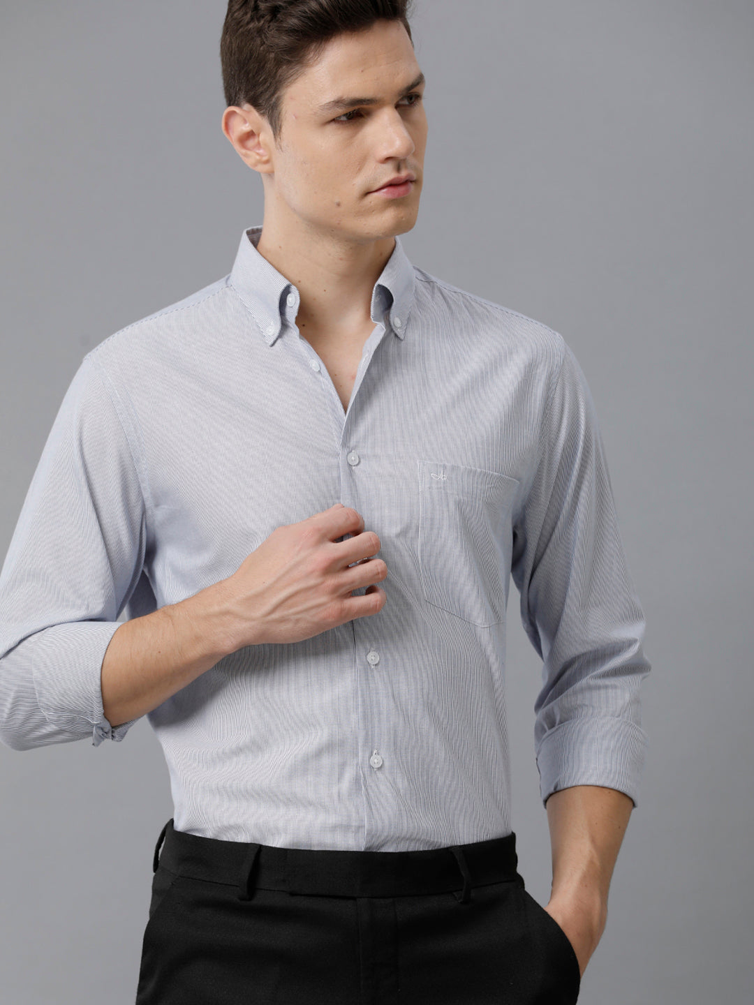 Aldeno Mens Slim Fit Vertical Stripes Blue Formal Cotton Shirt (CATIN)