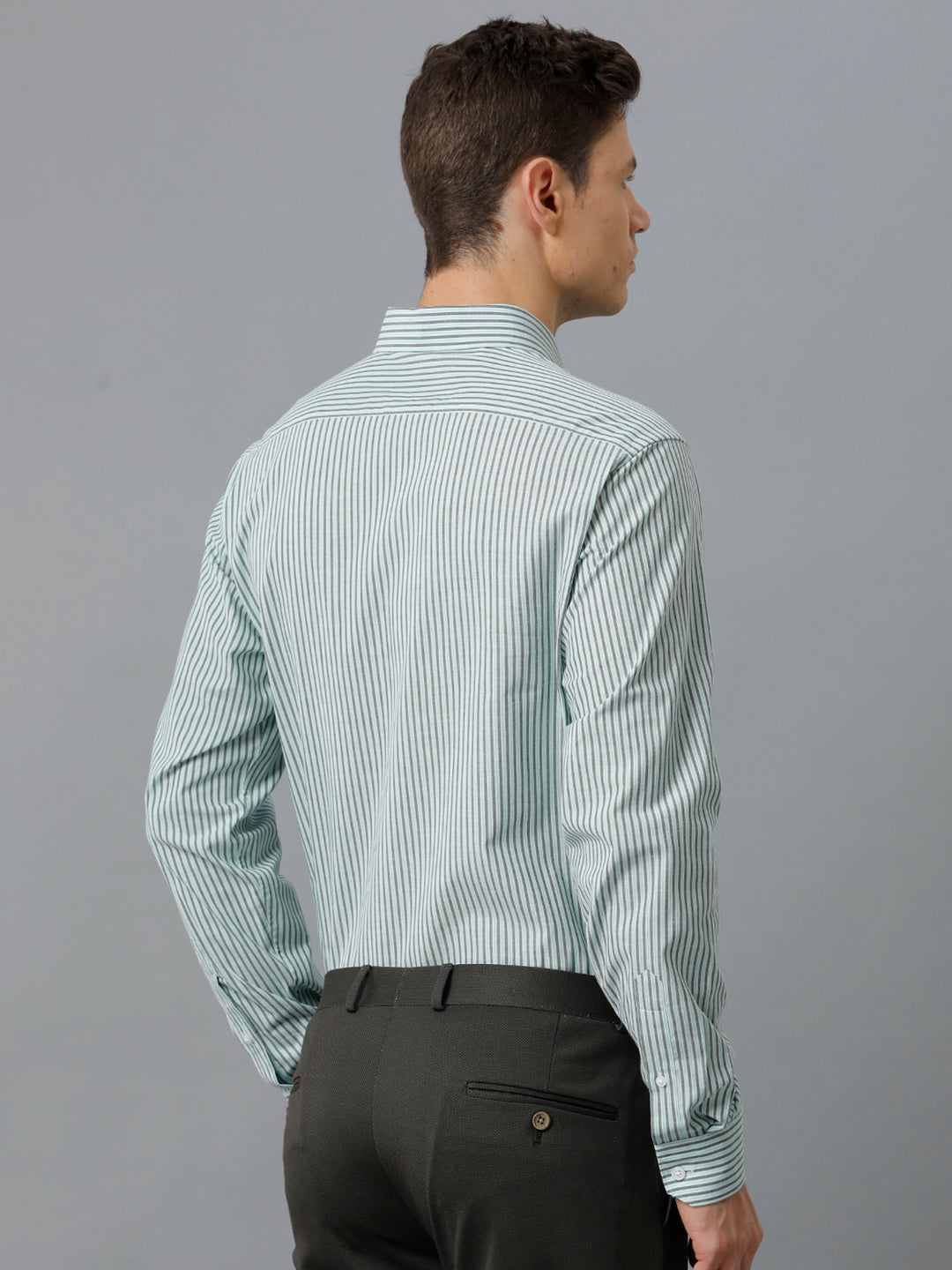 Aldeno Mens Regular Fit Light Green/Dark Green Stripe Casual Cotton Stretch Shirt (ELIO)