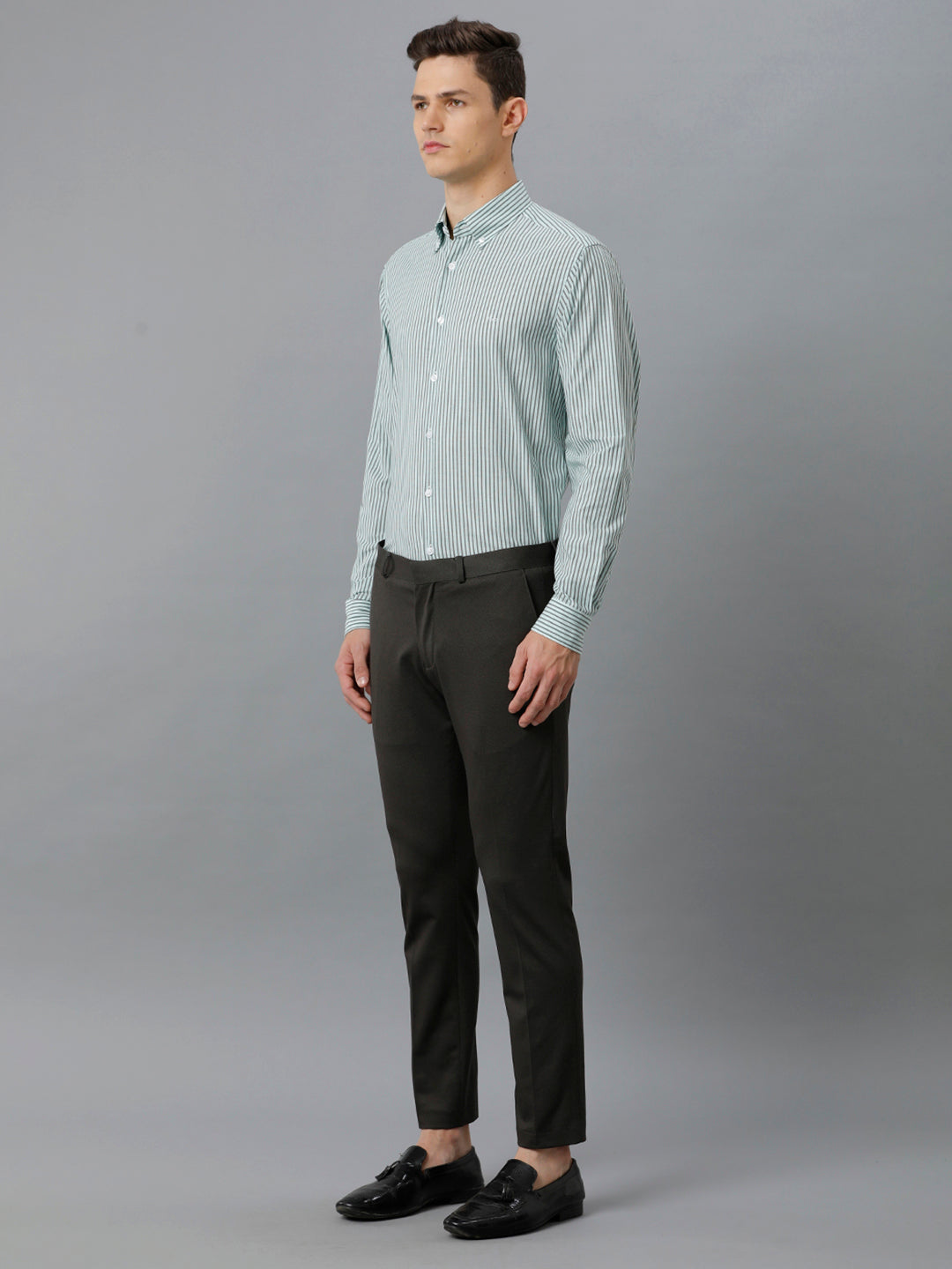 Aldeno Mens Regular Fit Light Green/Dark Green Stripe Casual Cotton Stretch Shirt (ELIO)