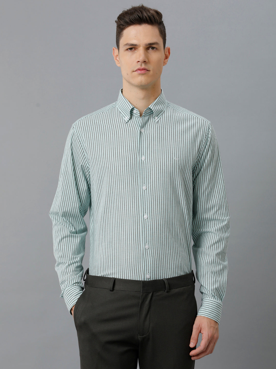 Aldeno Mens Regular Fit Light Green/Dark Green Stripe Casual Cotton Stretch Shirt (ELIO)