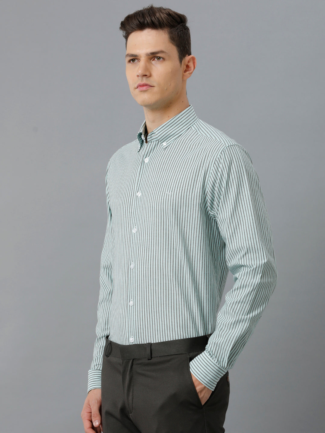 Aldeno Mens Regular Fit Light Green/Dark Green Stripe Casual Cotton Stretch Shirt (ELIO)