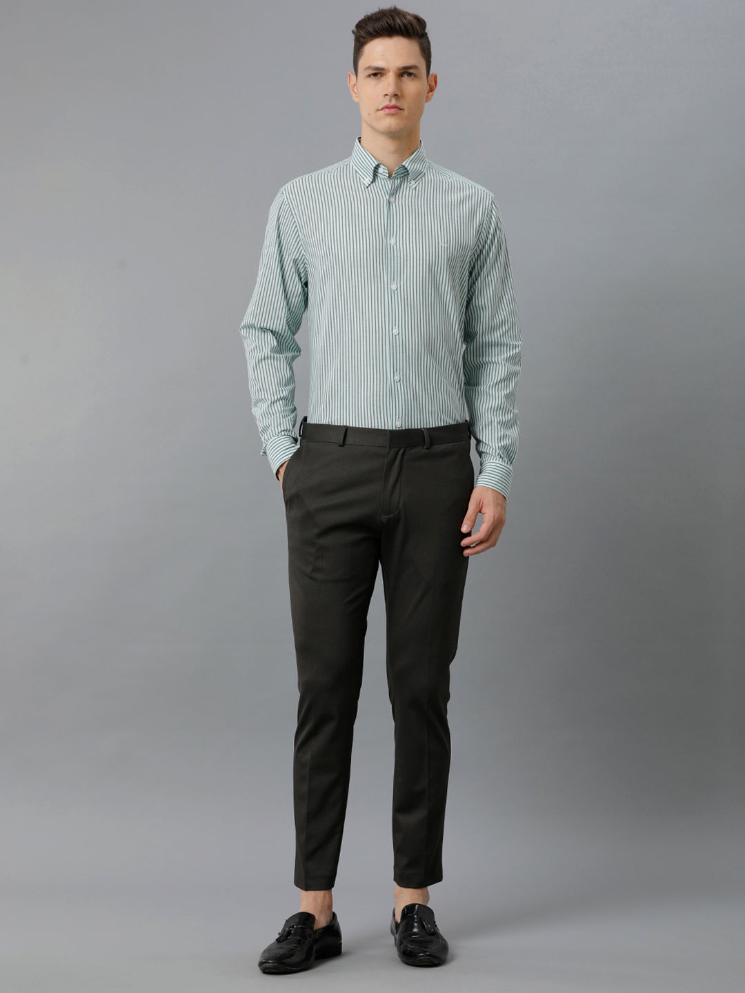 Aldeno Mens Regular Fit Light Green/Dark Green Stripe Casual Cotton Stretch Shirt (ELIO)