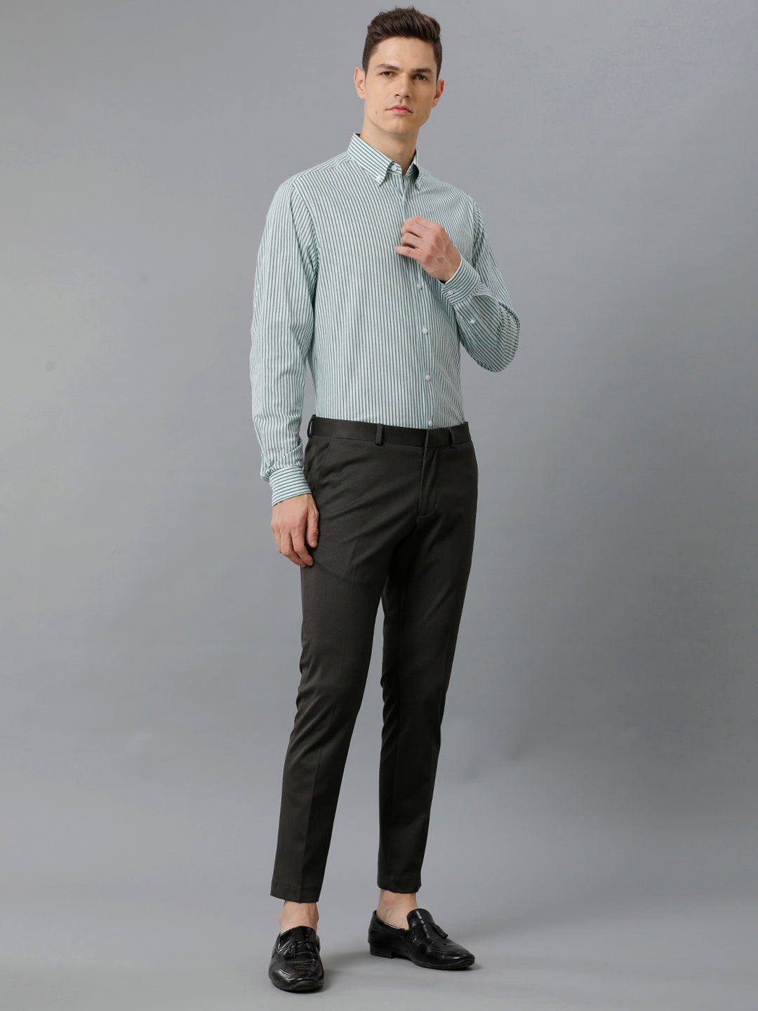 Aldeno Mens Regular Fit Light Green/Dark Green Stripe Casual Cotton Stretch Shirt (ELIO)