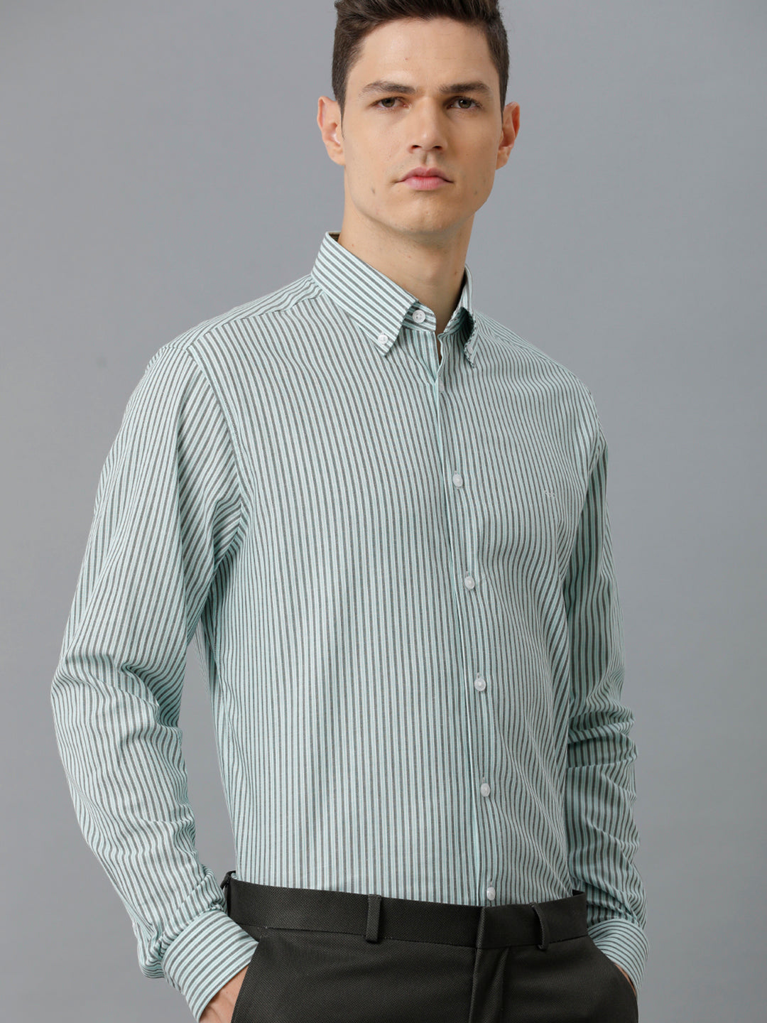 Aldeno Mens Regular Fit Light Green/Dark Green Stripe Casual Cotton Stretch Shirt (ELIO)
