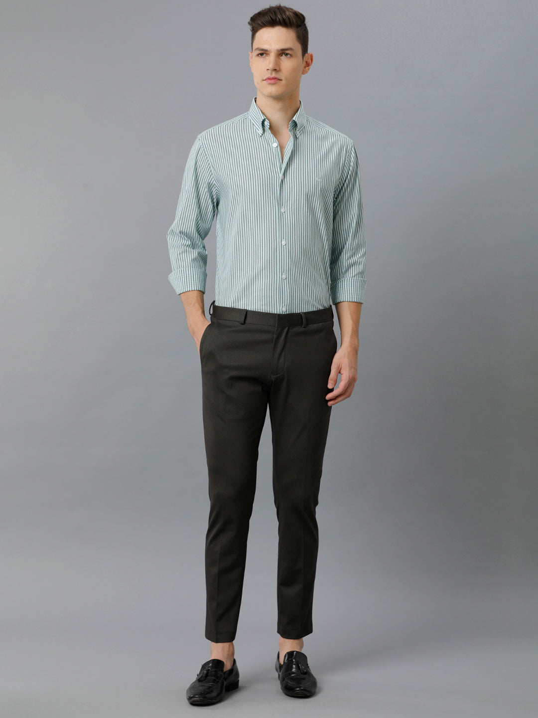 Aldeno Mens Regular Fit Light Green/Dark Green Stripe Casual Cotton Stretch Shirt (ELIO)