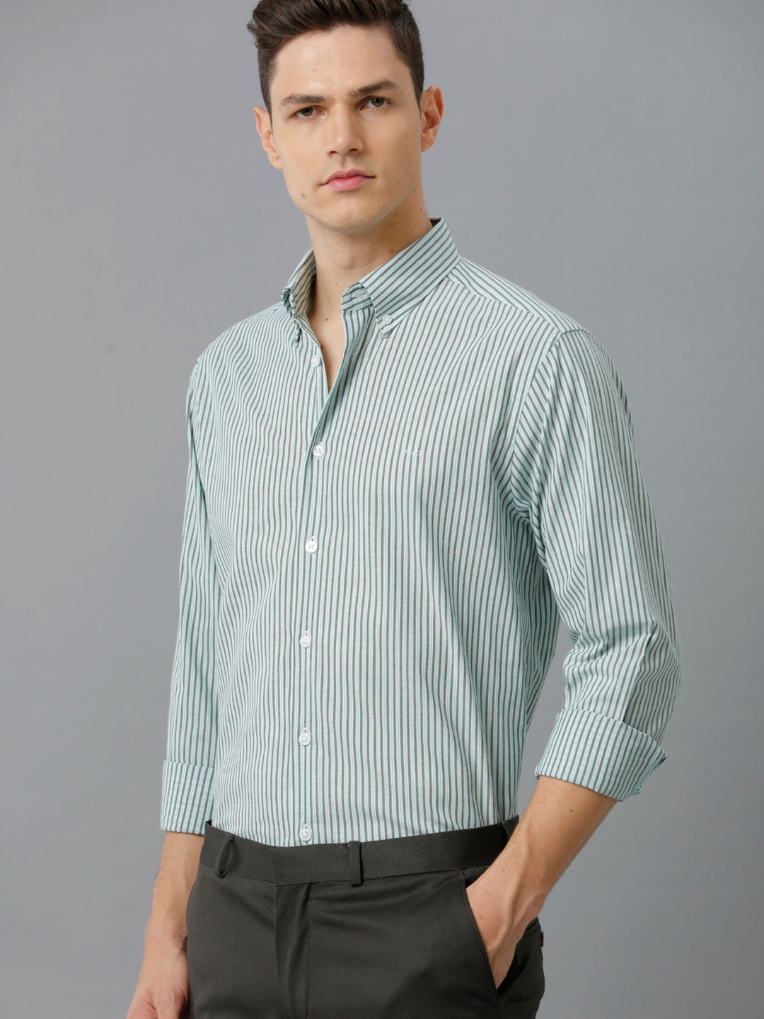 Aldeno Mens Regular Fit Light Green/Dark Green Stripe Casual Cotton Stretch Shirt (ELIO)