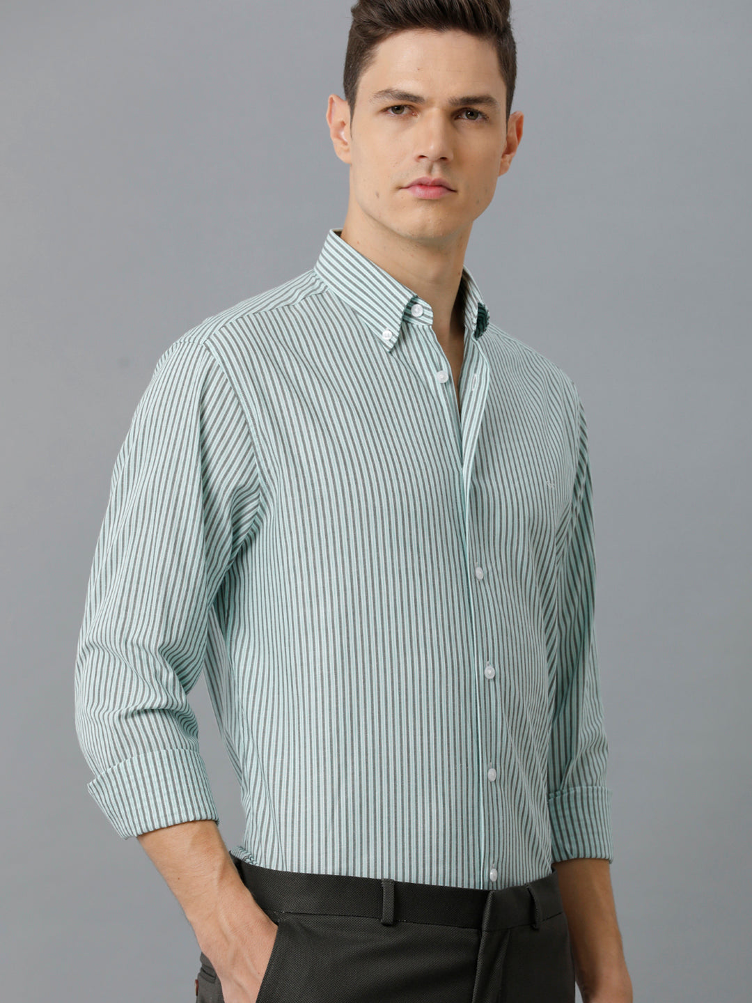 Aldeno Mens Regular Fit Light Green/Dark Green Stripe Casual Cotton Stretch Shirt (ELIO)