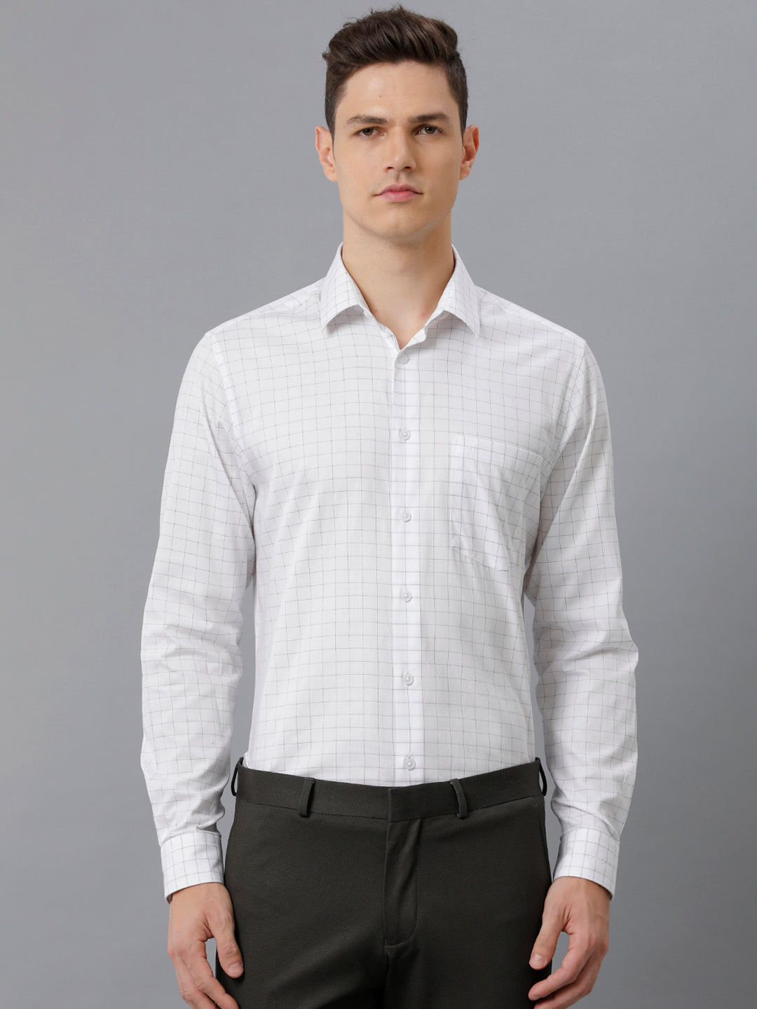 Aldeno Mens Slim Fit White/Olive Green Check Formal Cotton Shirt (FOCEK)