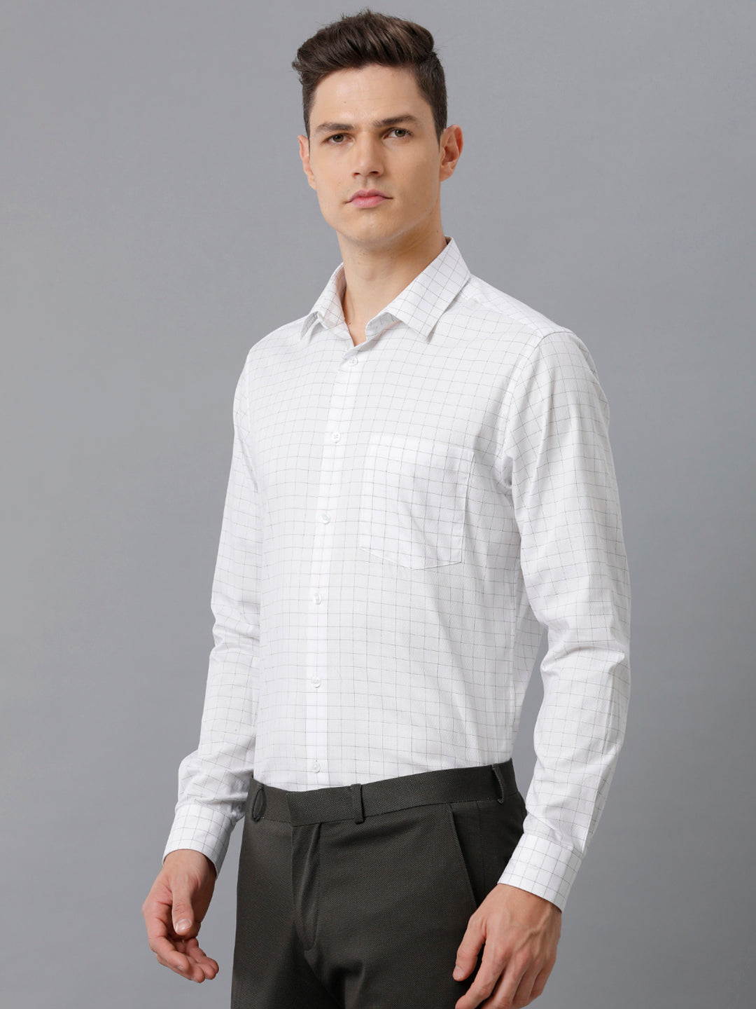 Aldeno Mens Slim Fit White/Olive Green Check Formal Cotton Shirt (FOCEK)