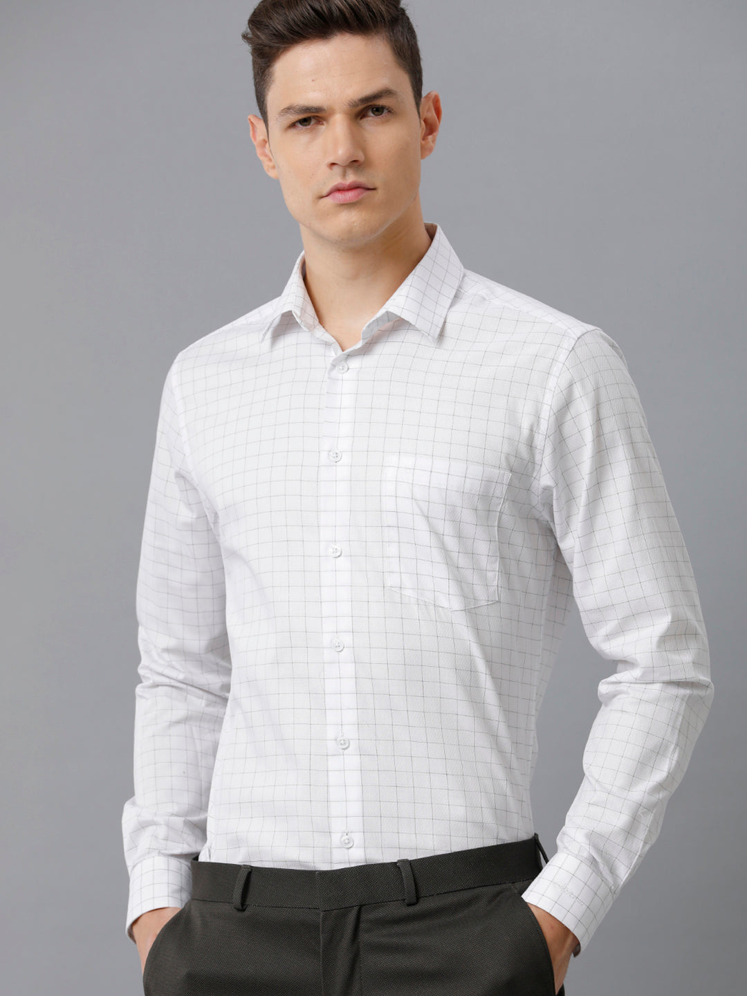 Aldeno Mens Slim Fit White/Olive Green Check Formal Cotton Shirt (FOCEK)