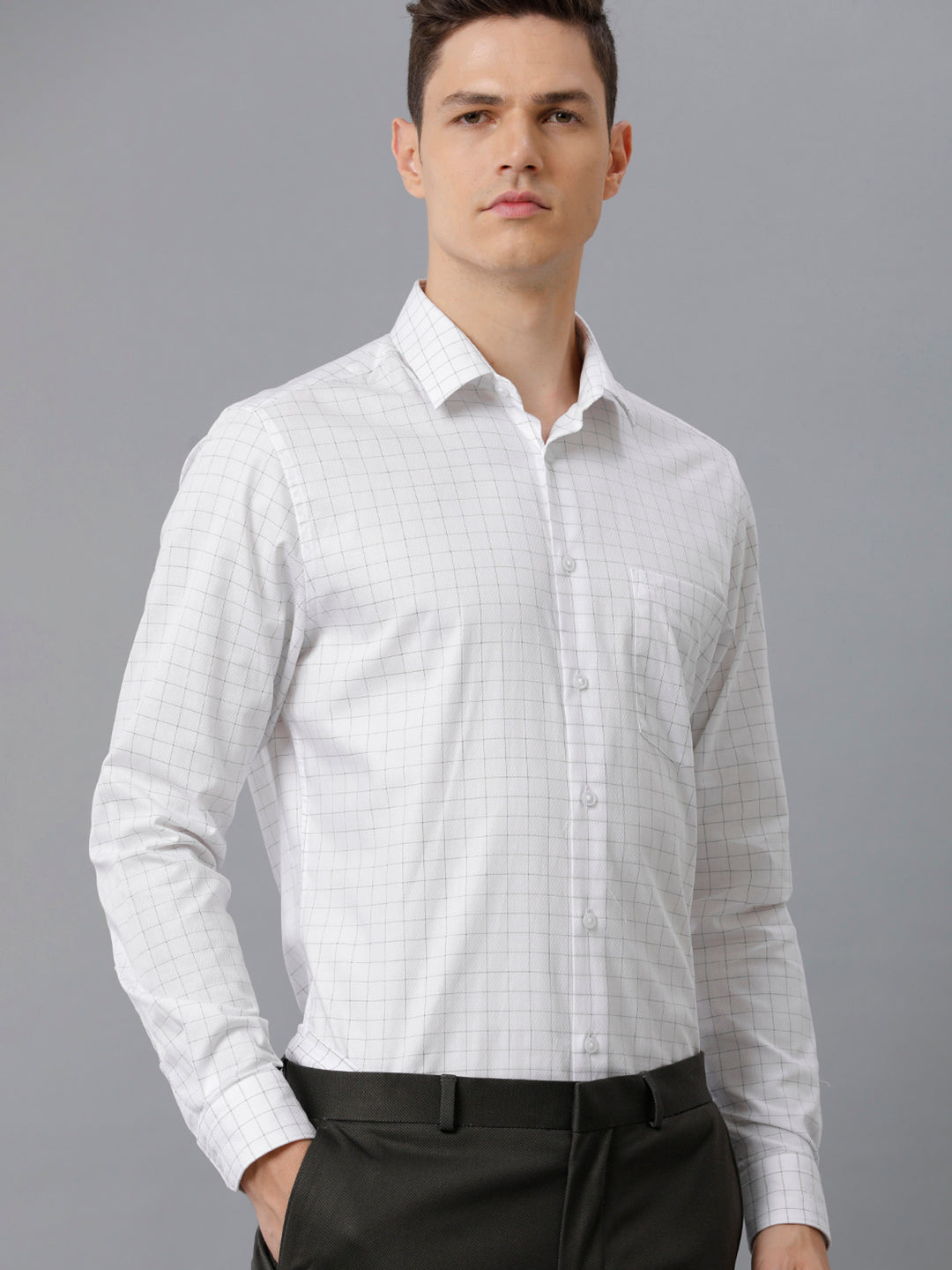 Aldeno Mens Slim Fit White/Olive Green Check Formal Cotton Shirt (FOCEK)
