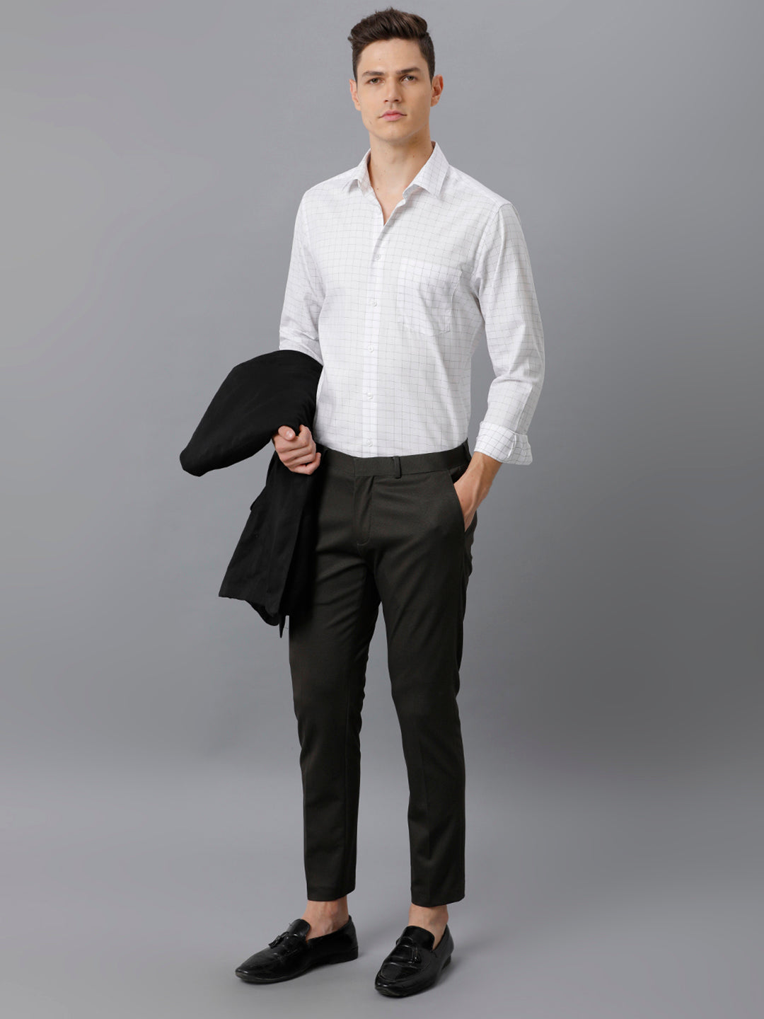 Aldeno Mens Slim Fit White/Olive Green Check Formal Cotton Shirt (FOCEK)