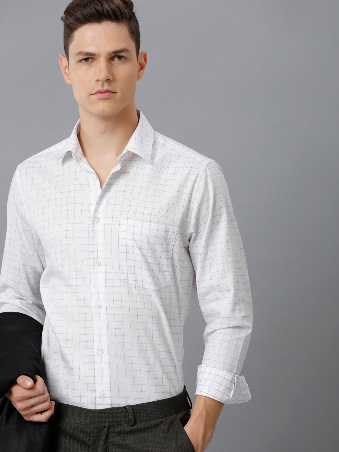 Aldeno Mens Slim Fit White/Olive Green Check Formal Cotton Shirt (FOCEK)