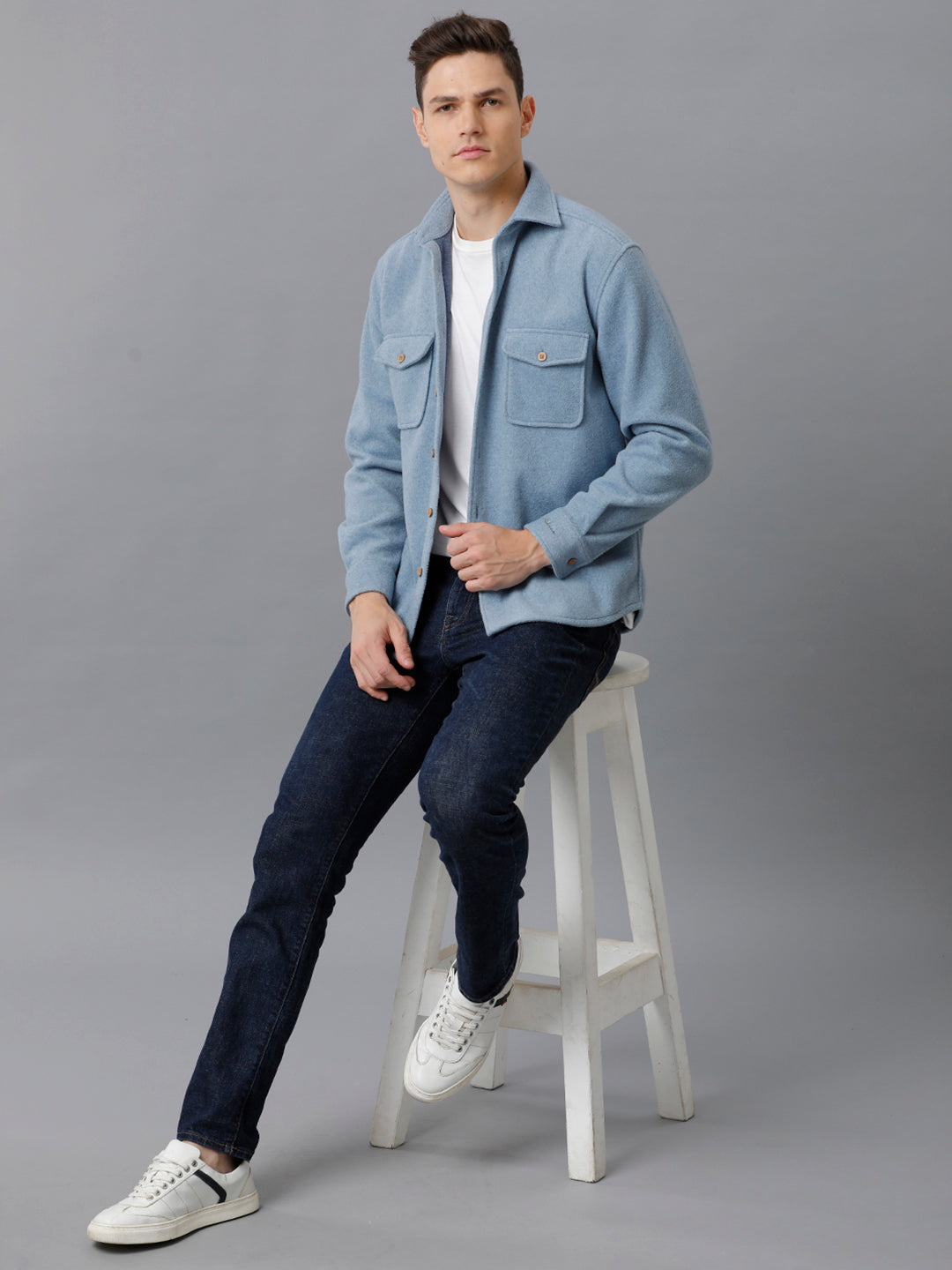 Aldeno Mens Regular Fit Solid Blue Casual Viscose Flannel Shacket (FINCH)
