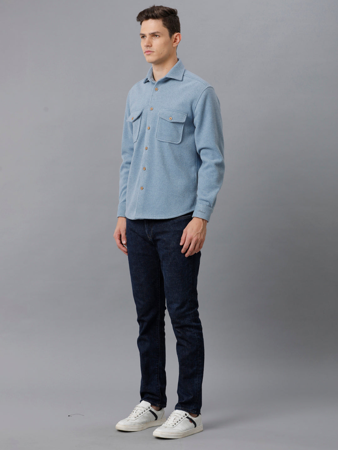 Aldeno Mens Regular Fit Solid Blue Casual Viscose Flannel Shacket (FINCH)