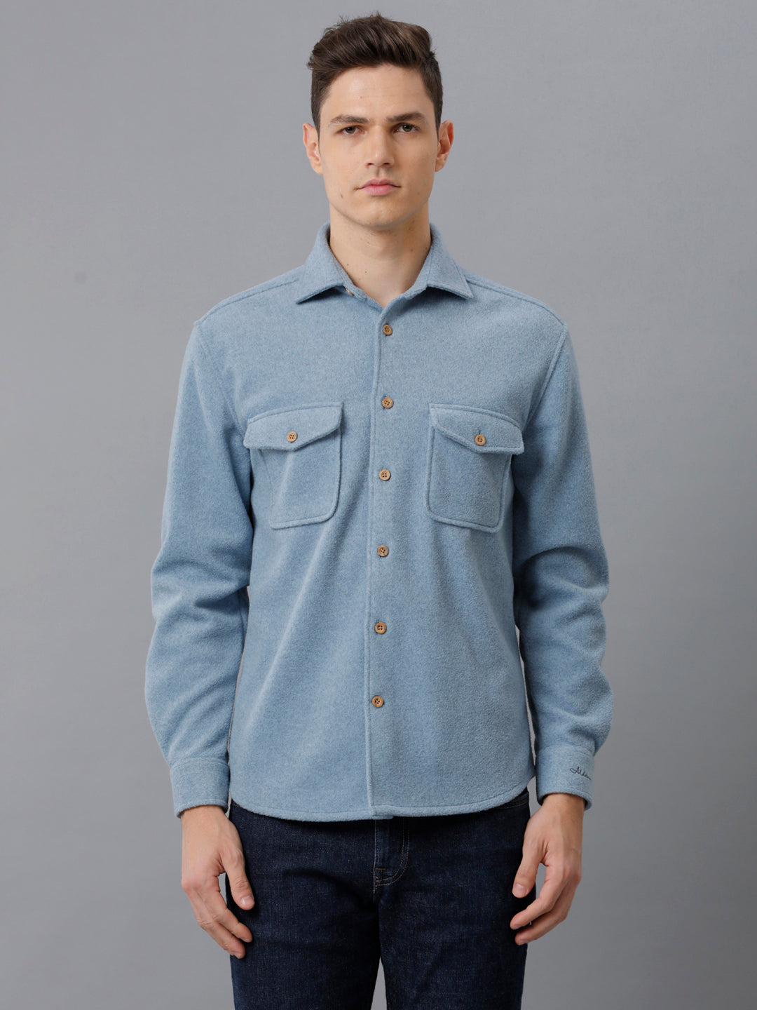 Aldeno Mens Regular Fit Solid Blue Casual Viscose Flannel Shacket (FINCH)