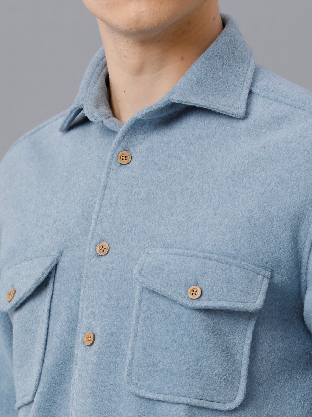 Aldeno Mens Regular Fit Solid Blue Casual Viscose Flannel Shacket (FINCH)