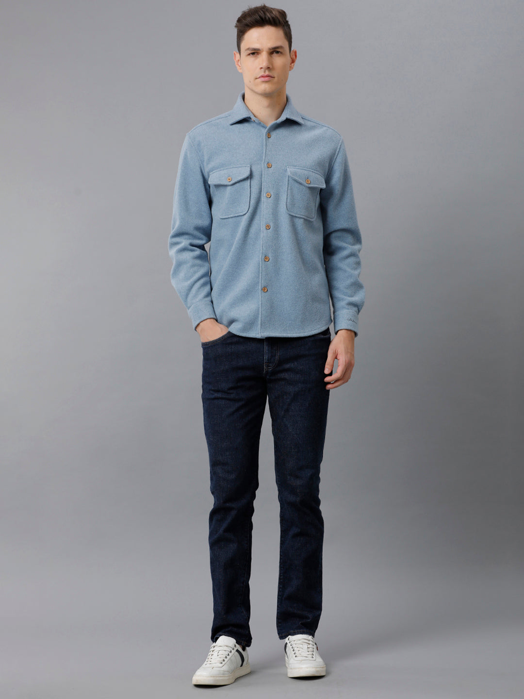 Aldeno Mens Regular Fit Solid Blue Casual Viscose Flannel Shacket (FINCH)