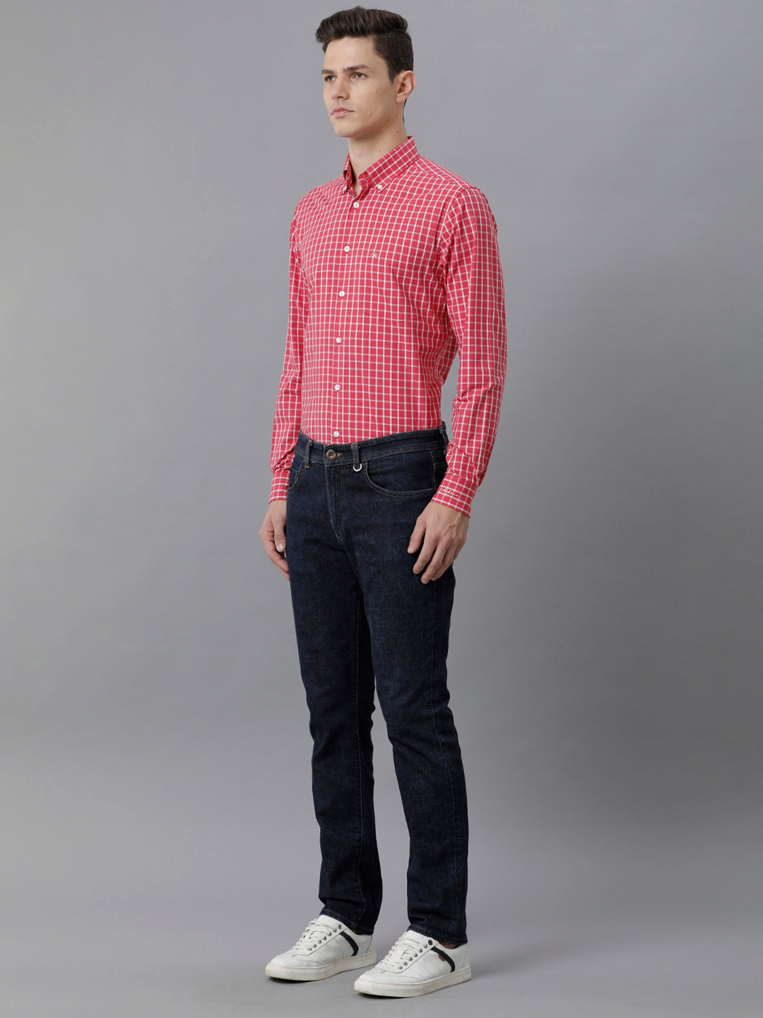 Aldeno Mens Slim Fit Check Pink/White Casual Cotton Shirt (CLARA)