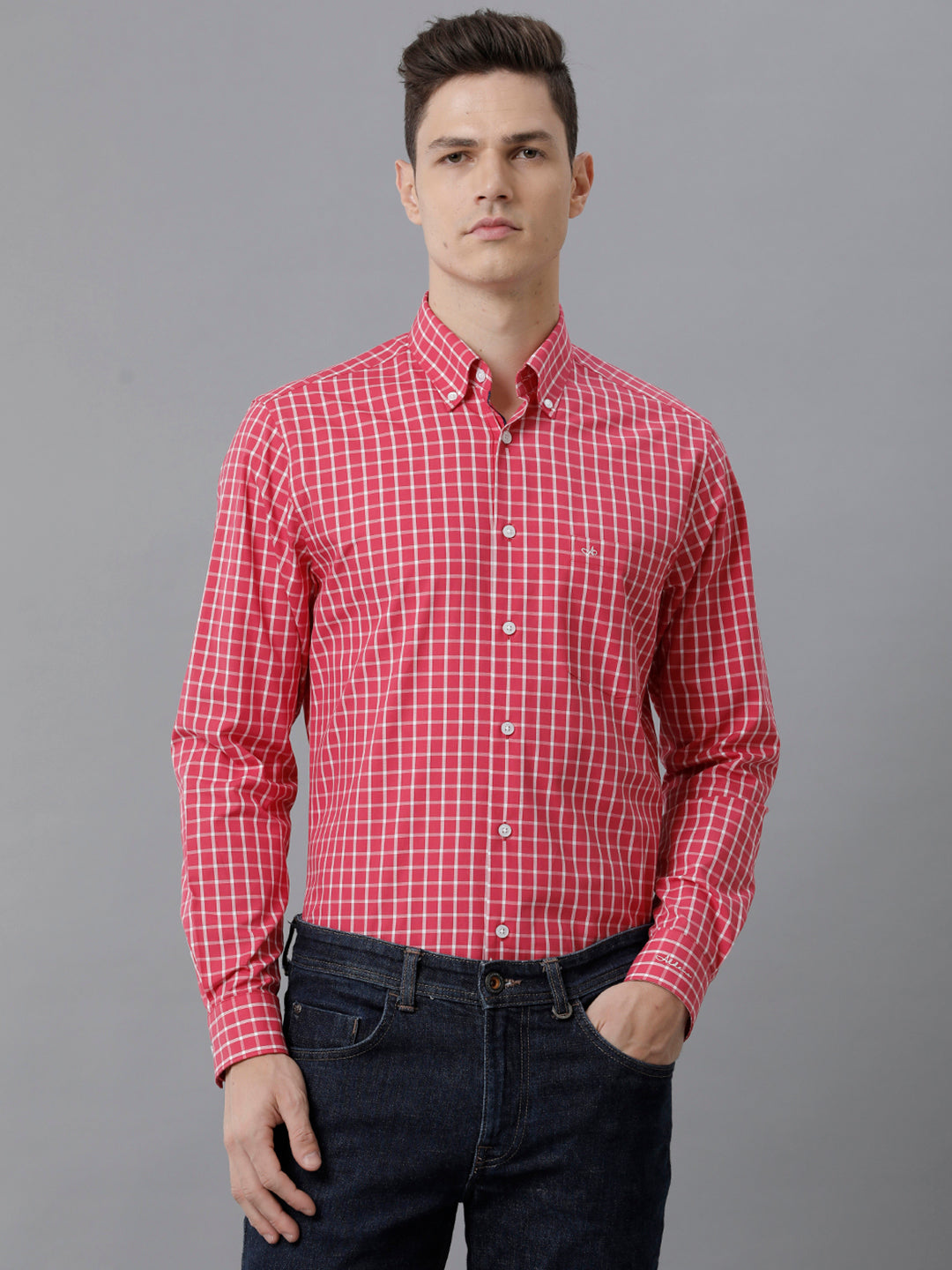 Aldeno Mens Slim Fit Check Pink/White Casual Cotton Shirt (CLARA)