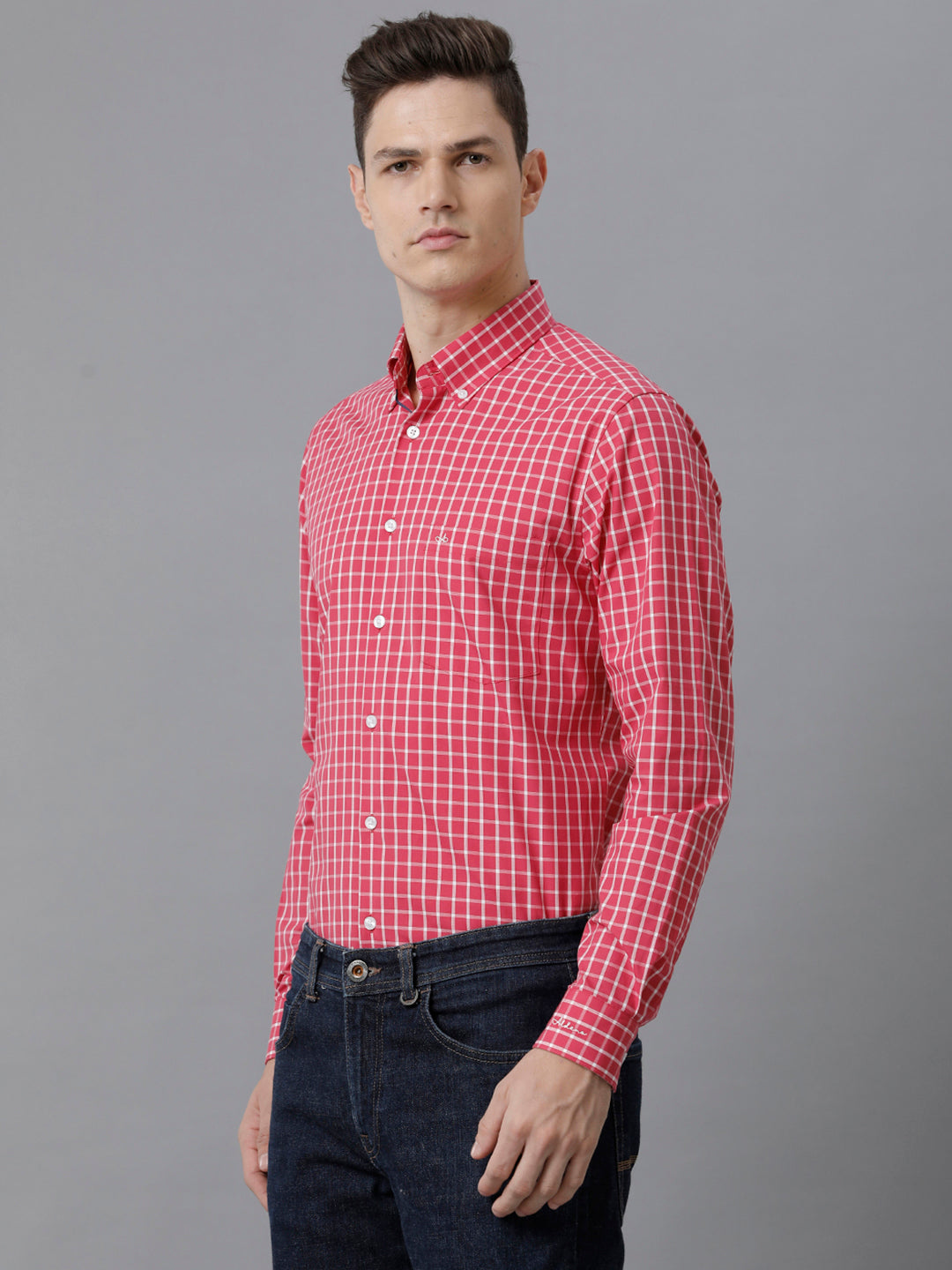 Aldeno Mens Slim Fit Check Pink/White Casual Cotton Shirt (CLARA)