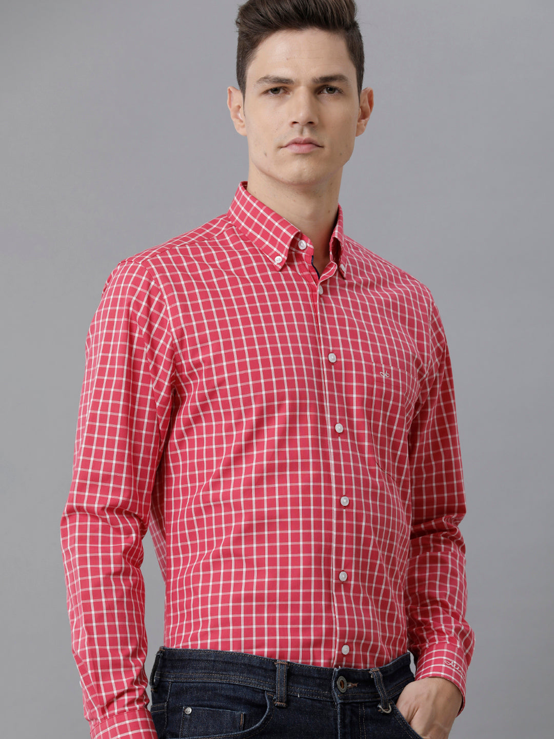 Aldeno Mens Slim Fit Check Pink/White Casual Cotton Shirt (CLARA)